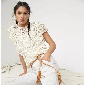Anthropologie Blue Tassel Cream/Ivory Short Sleeve Ruffled Crochet Blouse S